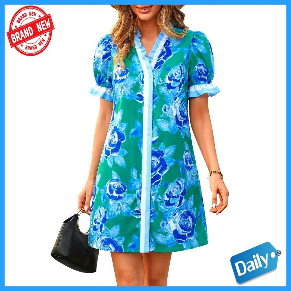 Floral Mini Dress with Puff Sleeves V-Neck Button Down Summer Casual